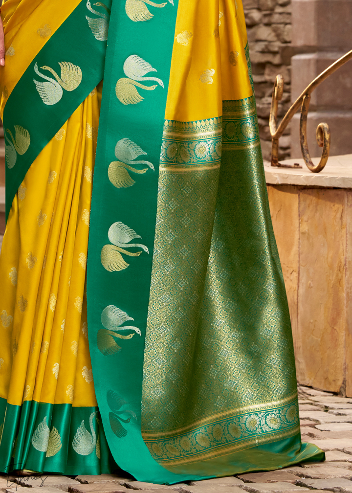 Golden Saffron Ethereal Swan Satin Silk Saree