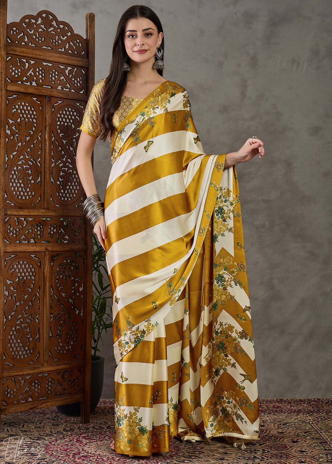 Golden Yellow Floral Striped Modal Silk Saree
