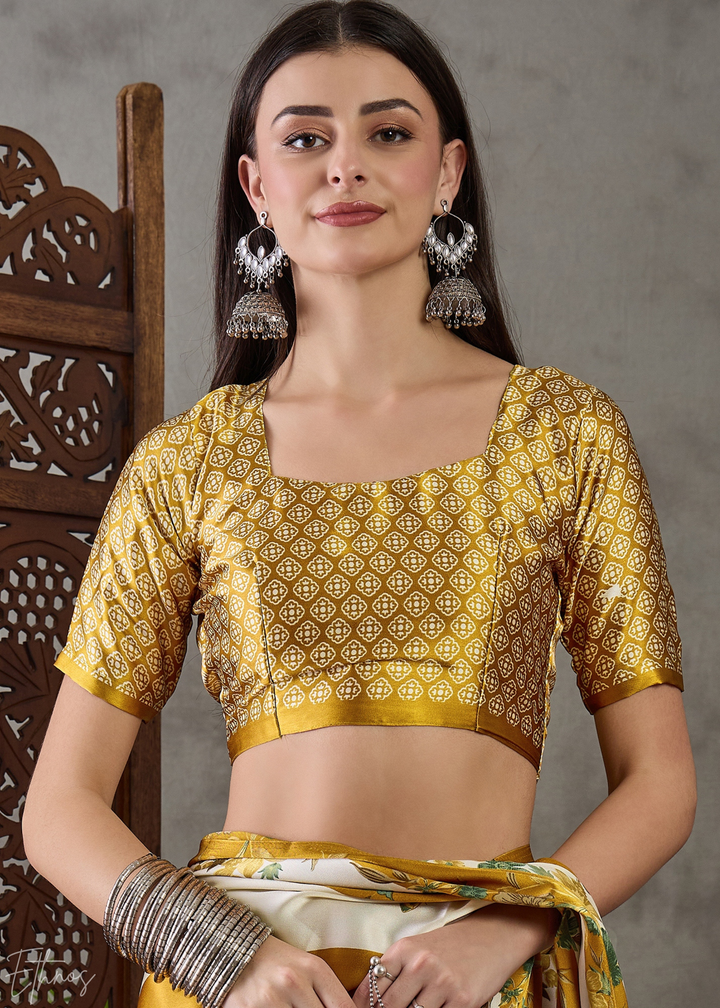 Golden Yellow Floral Striped Modal Silk Saree
