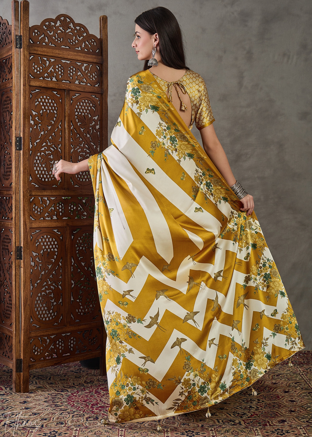 Golden Yellow Floral Striped Modal Silk Saree