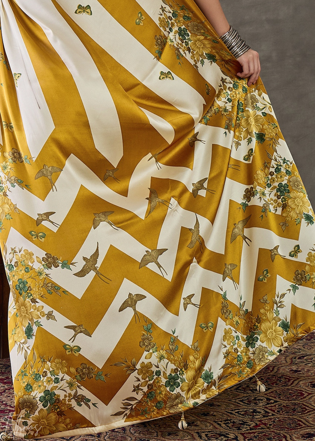 Golden Yellow Floral Striped Modal Silk Saree