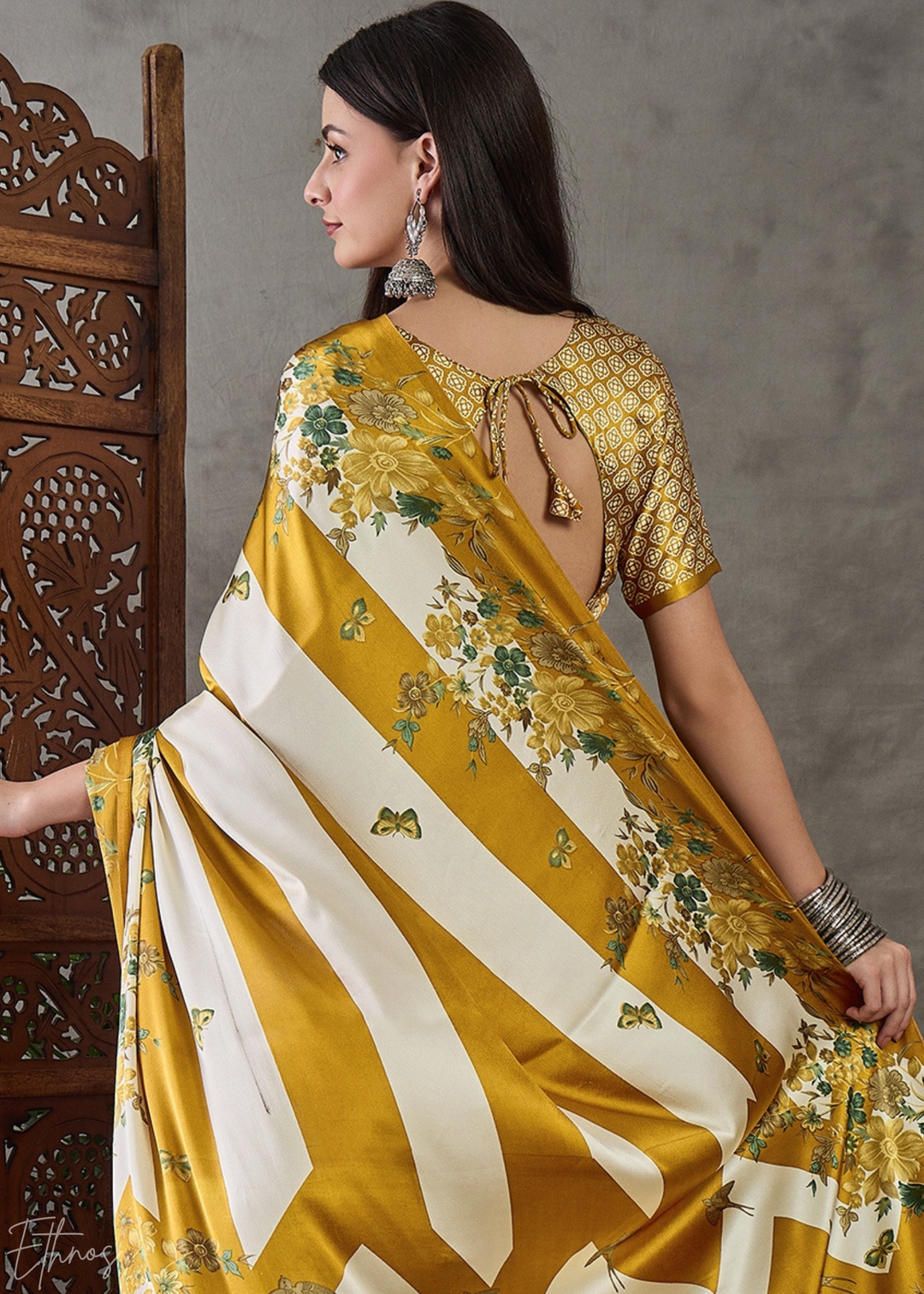 Golden Yellow Floral Striped Modal Silk Saree