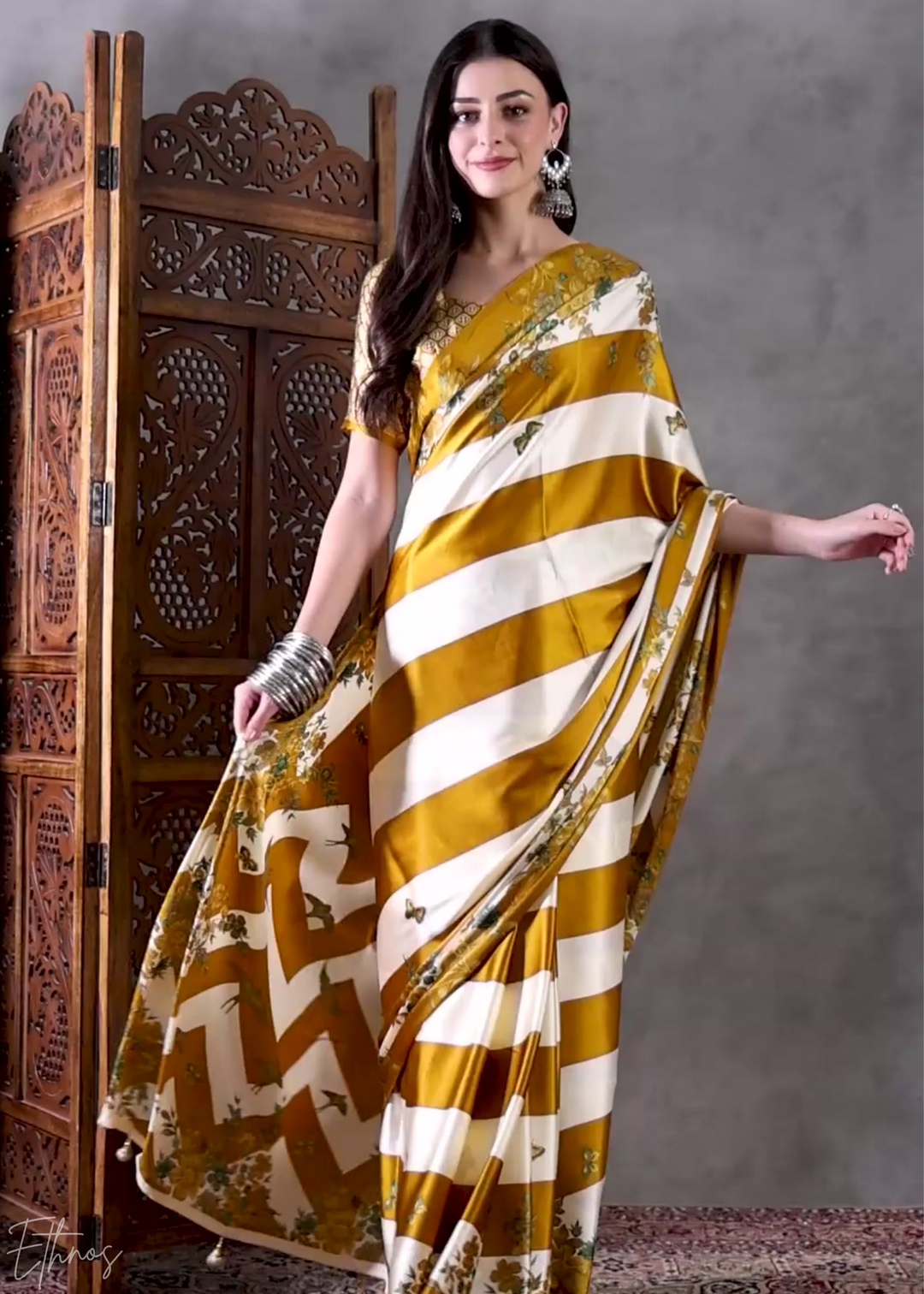 Golden Yellow Floral Striped Modal Silk Saree