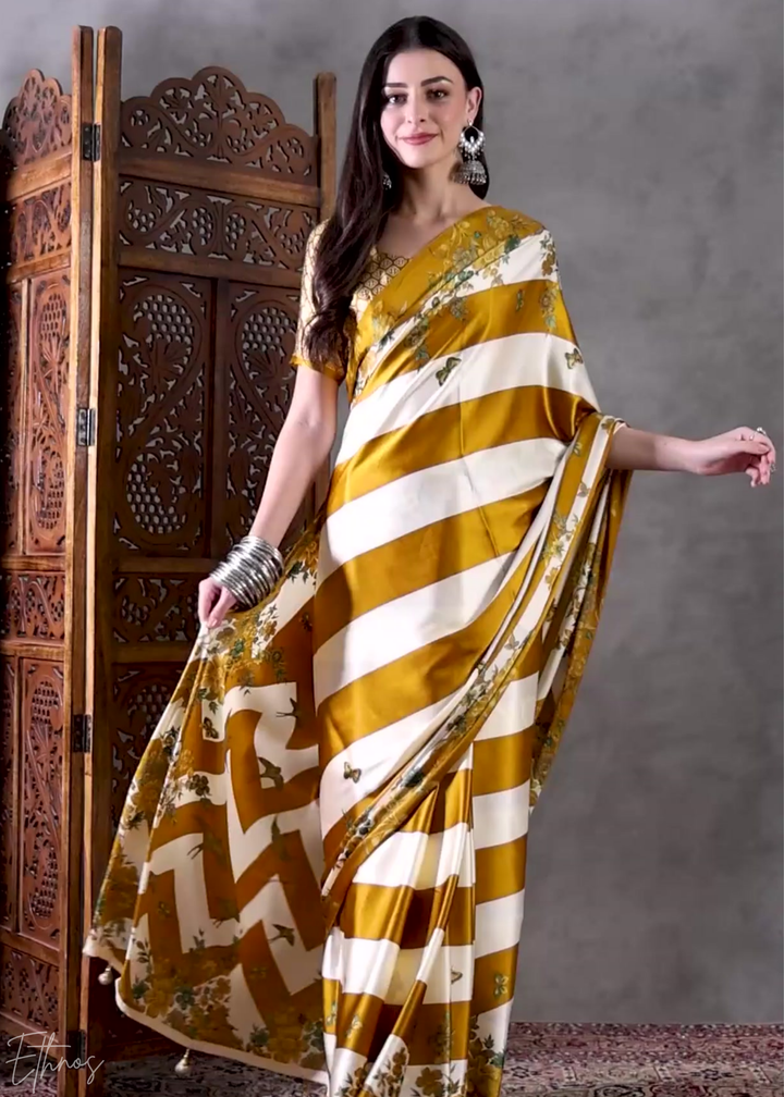 Golden Yellow Floral Striped Modal Silk Saree