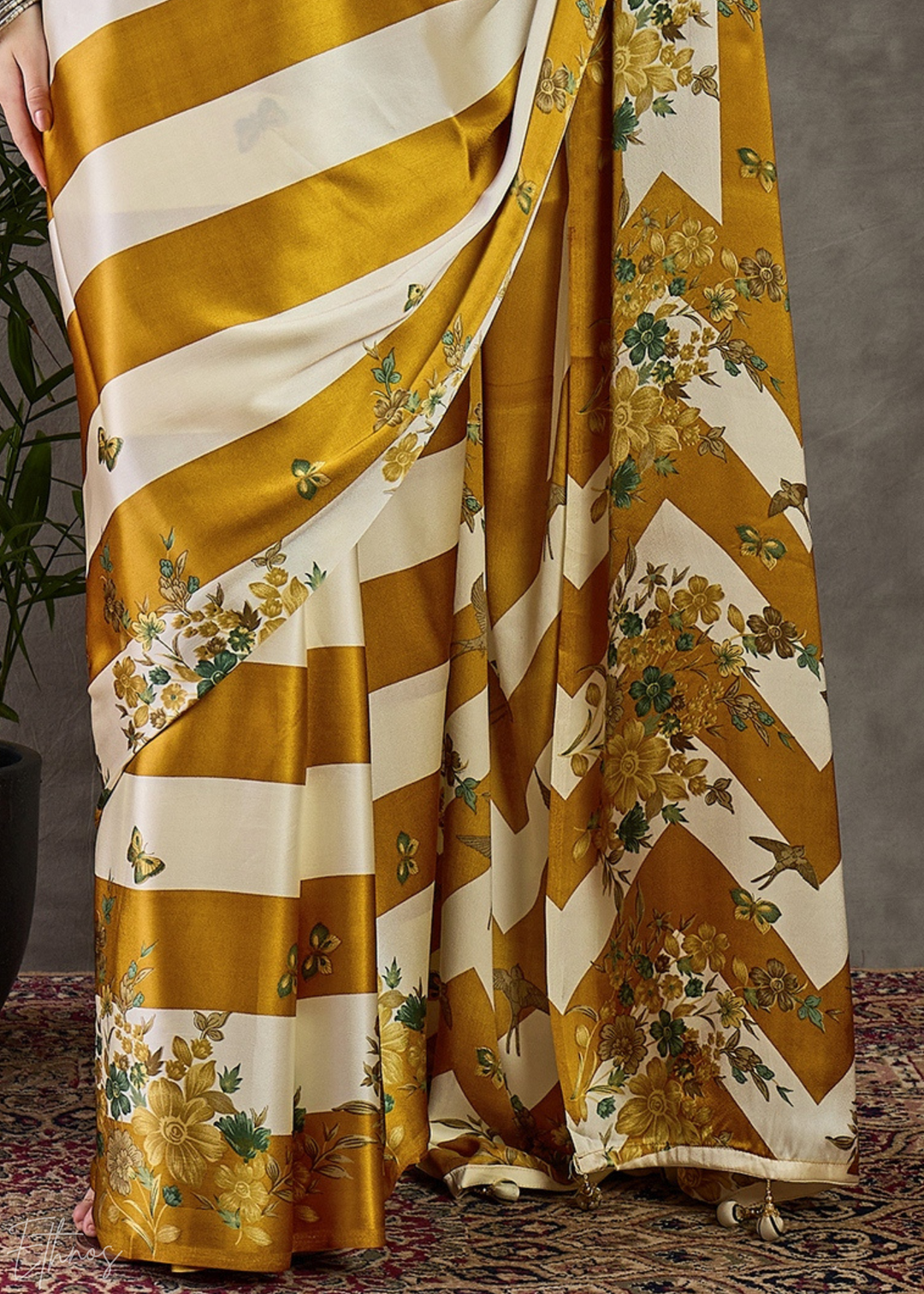 Golden Yellow Floral Striped Modal Silk Saree