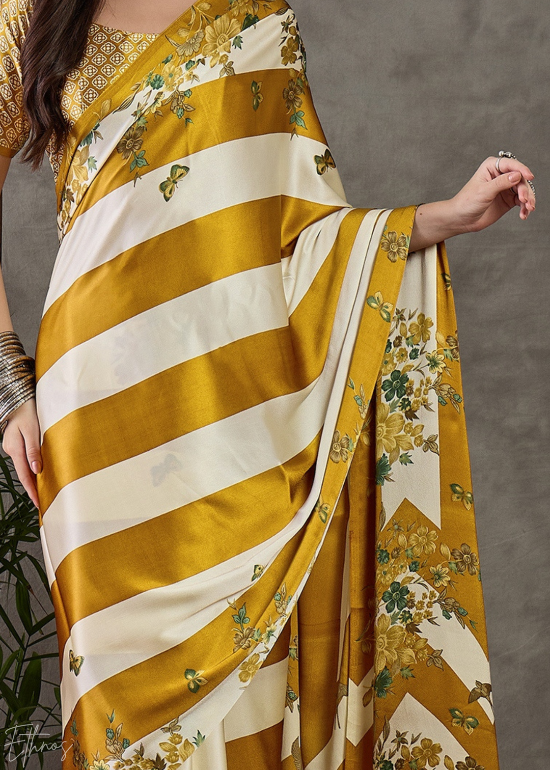 Golden Yellow Floral Striped Modal Silk Saree