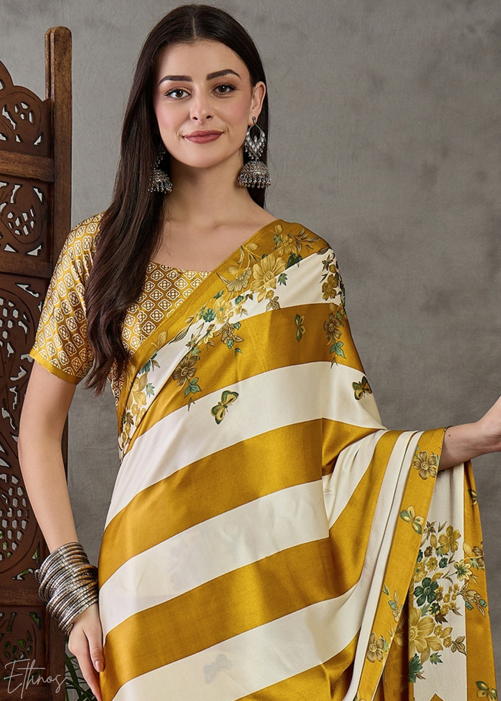 Golden Yellow Floral Striped Modal Silk Saree