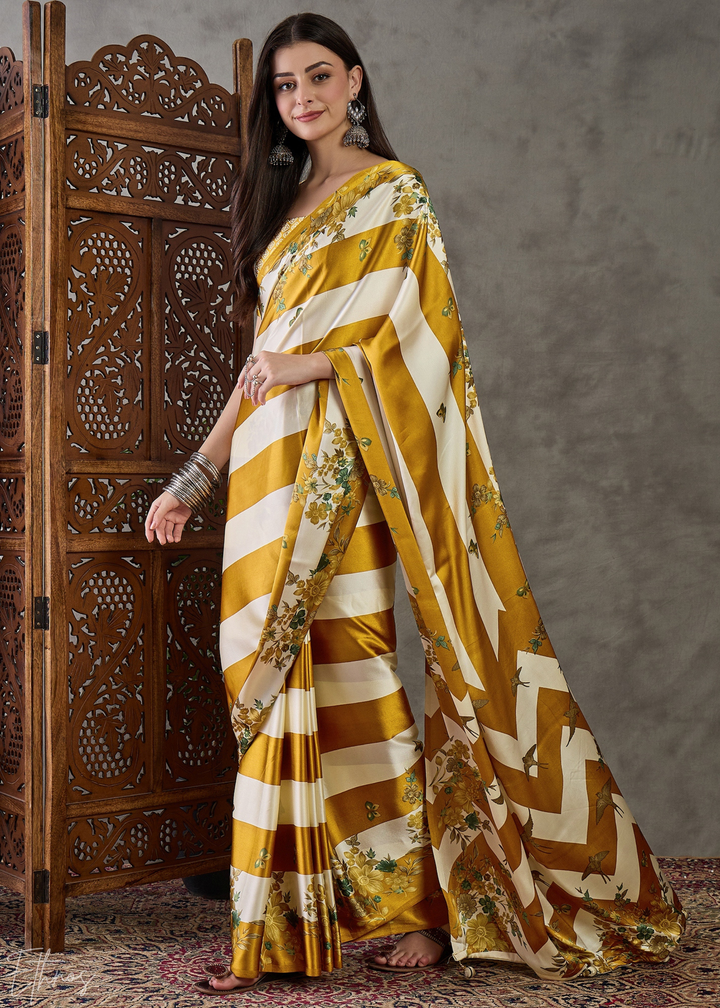 Golden Yellow Floral Striped Modal Silk Saree