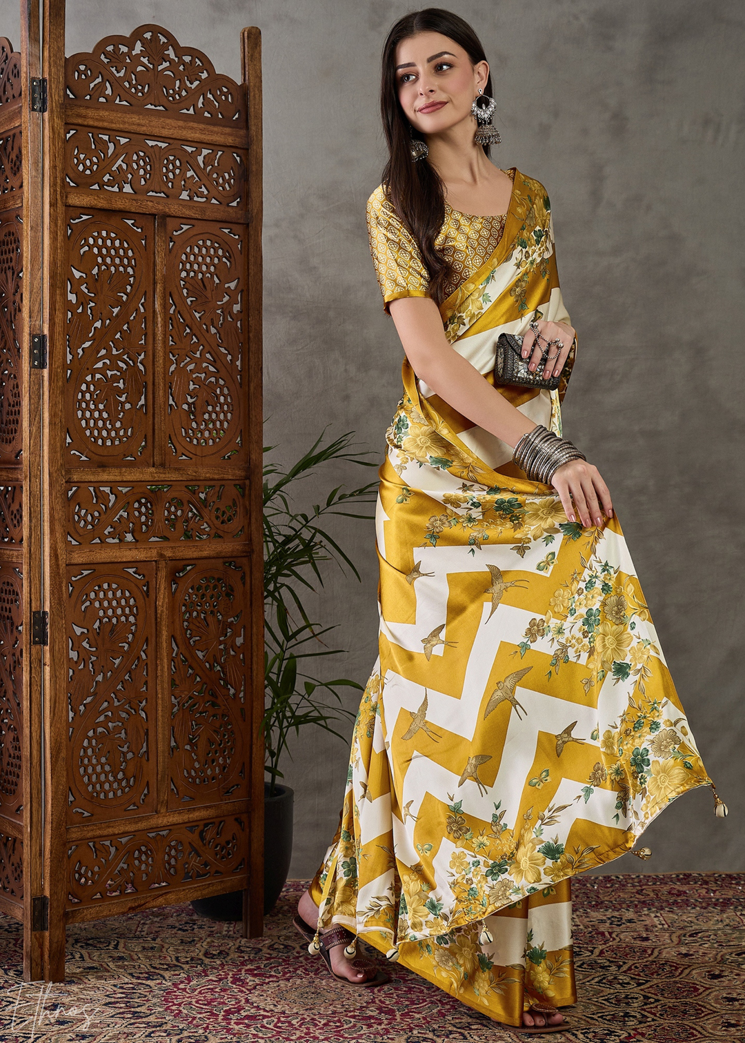 Golden Yellow Floral Striped Modal Silk Saree