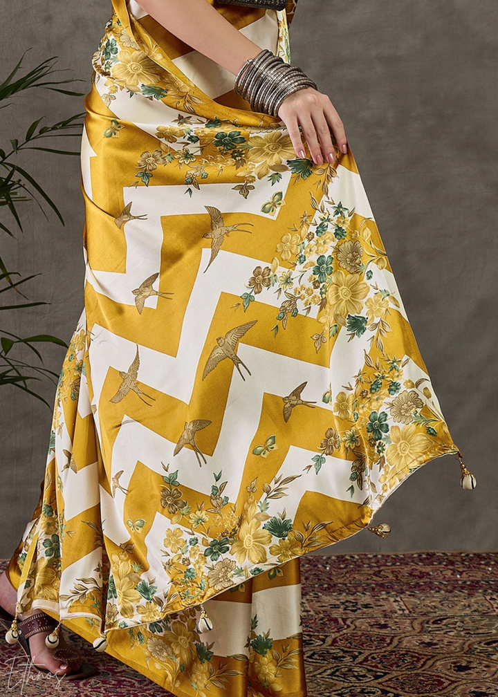 Golden Yellow Floral Striped Modal Silk Saree