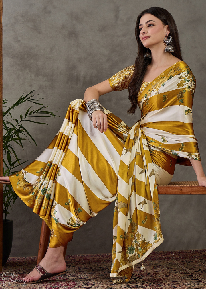 Golden Yellow Floral Striped Modal Silk Saree