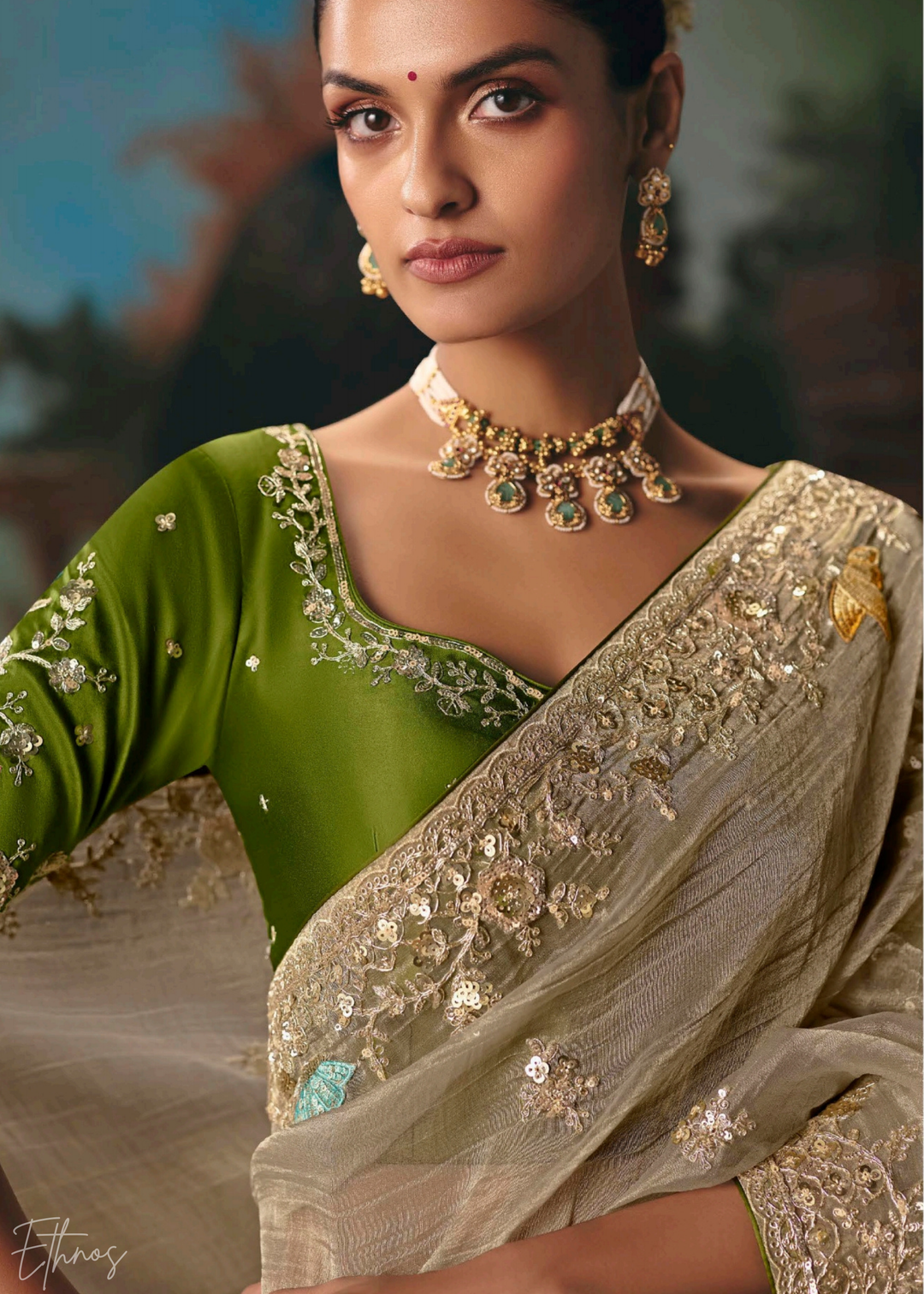 Golden Sequins Organza Saree