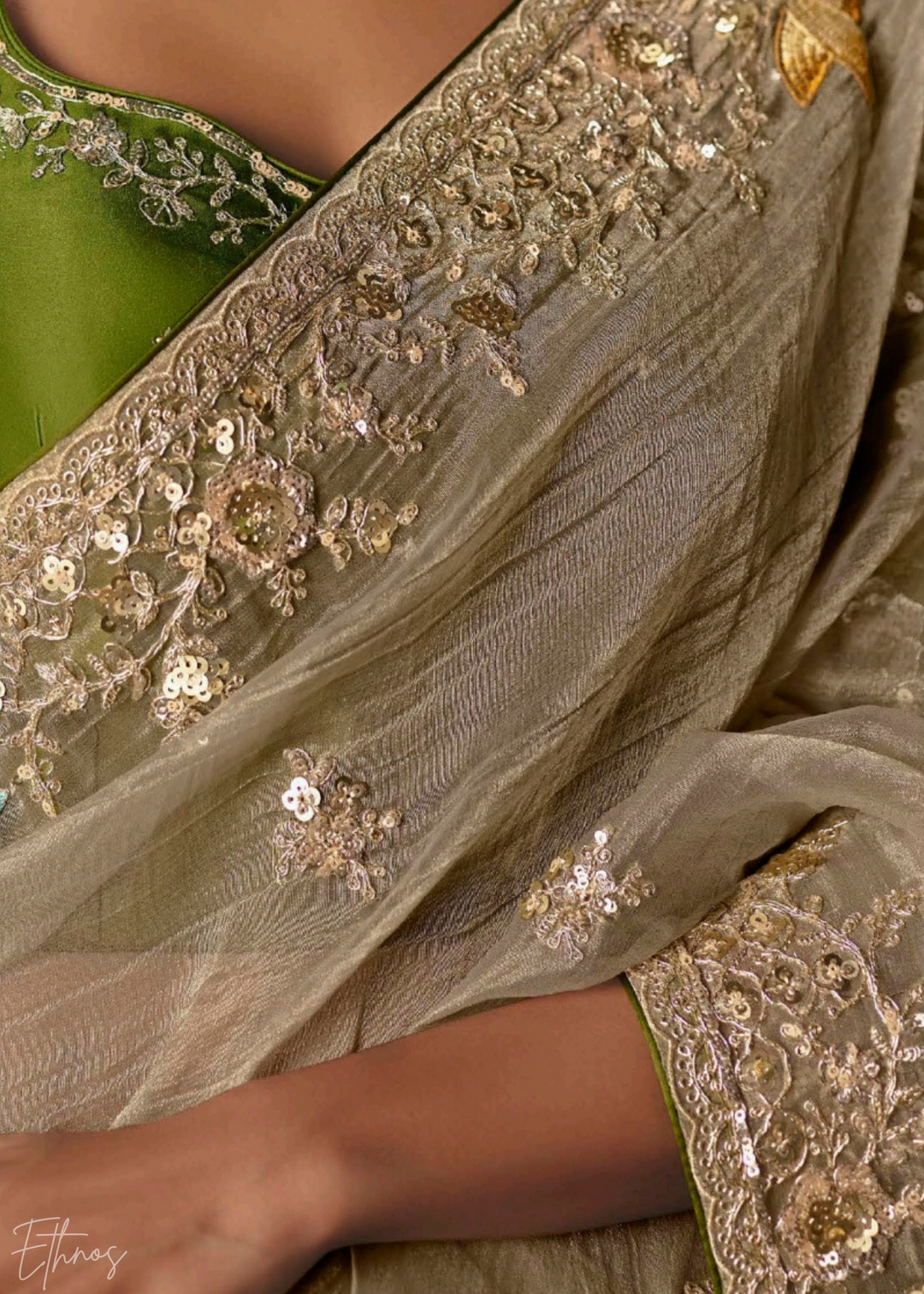 Golden Sequins Organza Saree