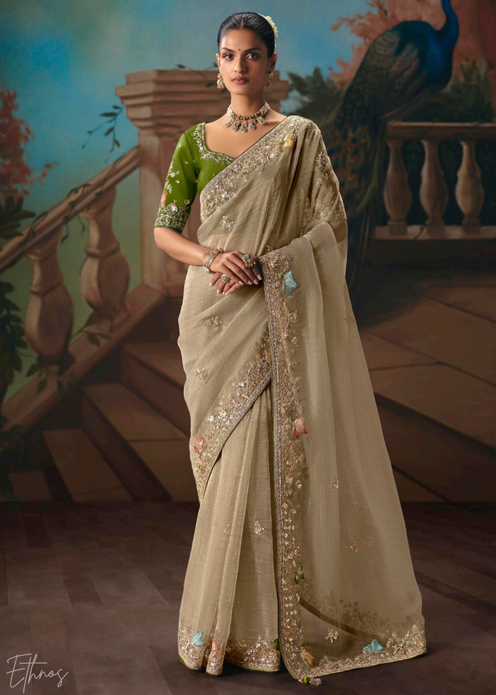 Golden Sequins Organza Saree