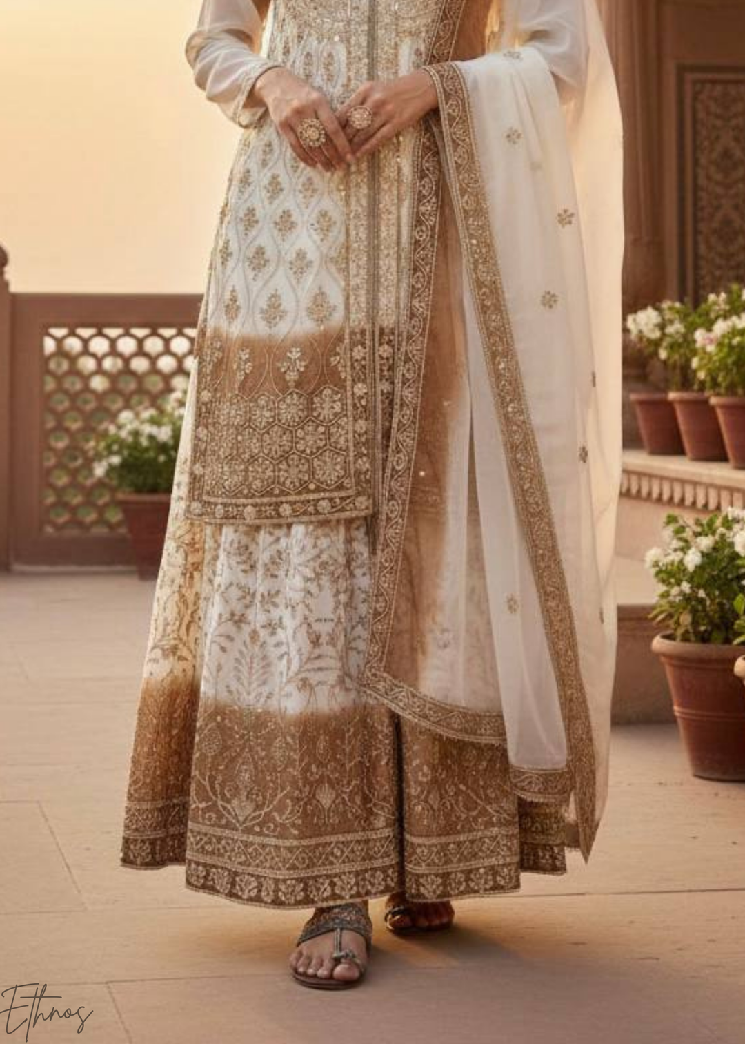 Golden White Georgette Palazzo Suit