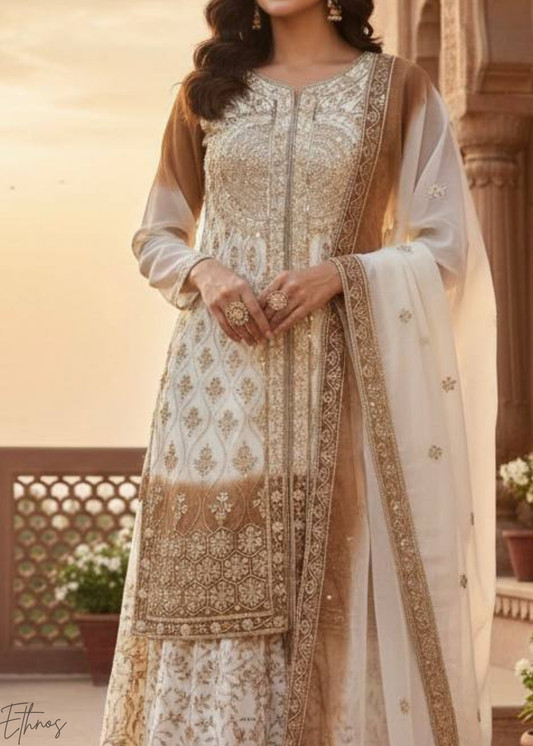 Golden White Georgette Palazzo Suit