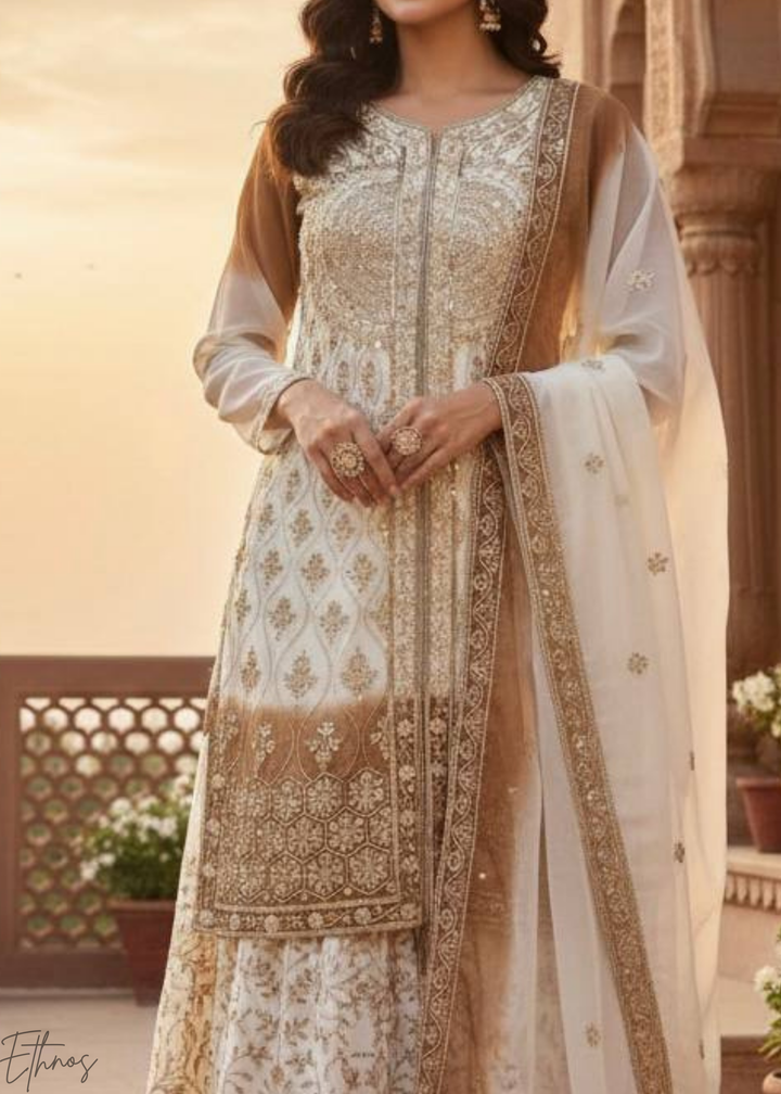 Golden White Georgette Palazzo Suit