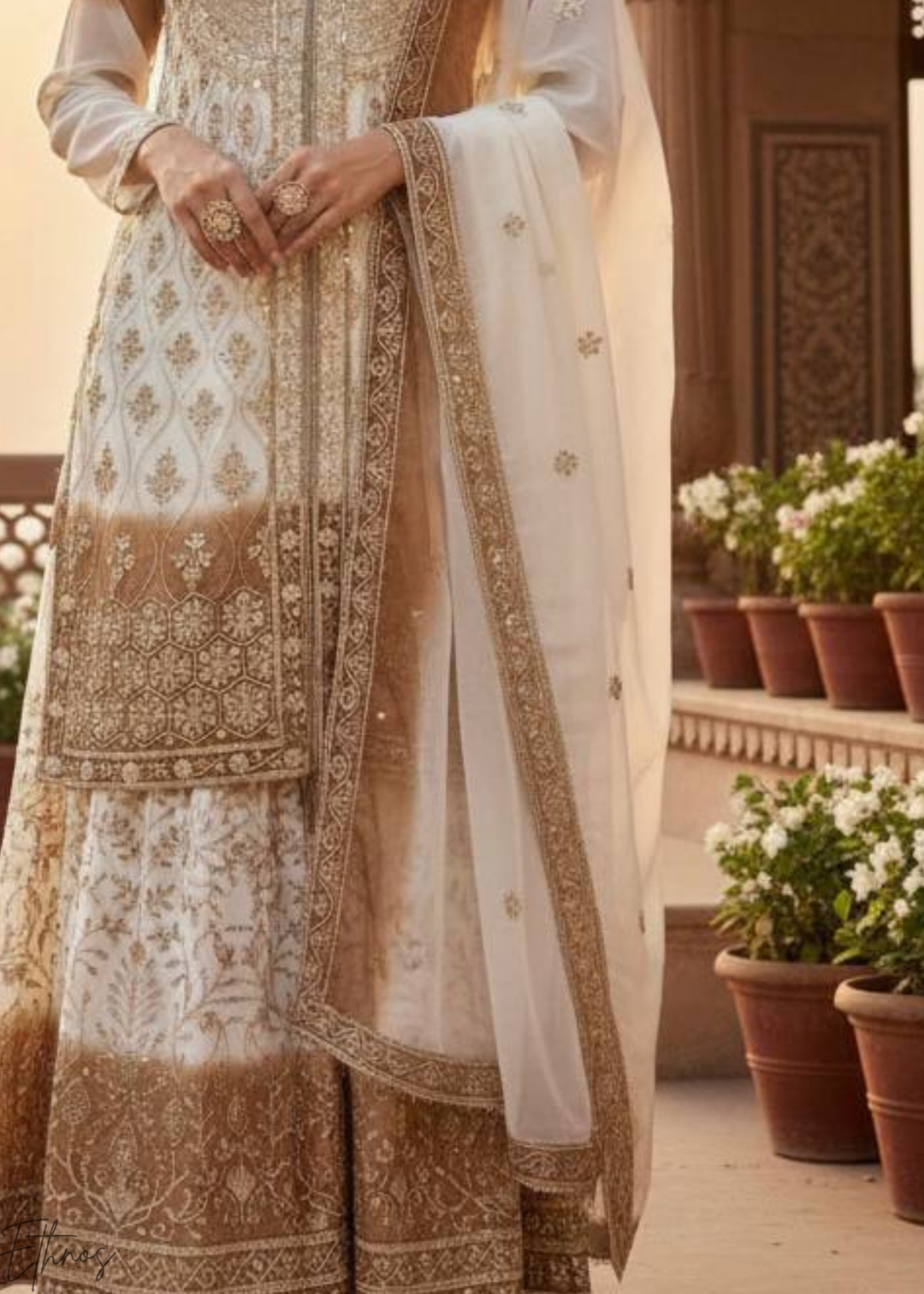 Golden White Georgette Palazzo Suit