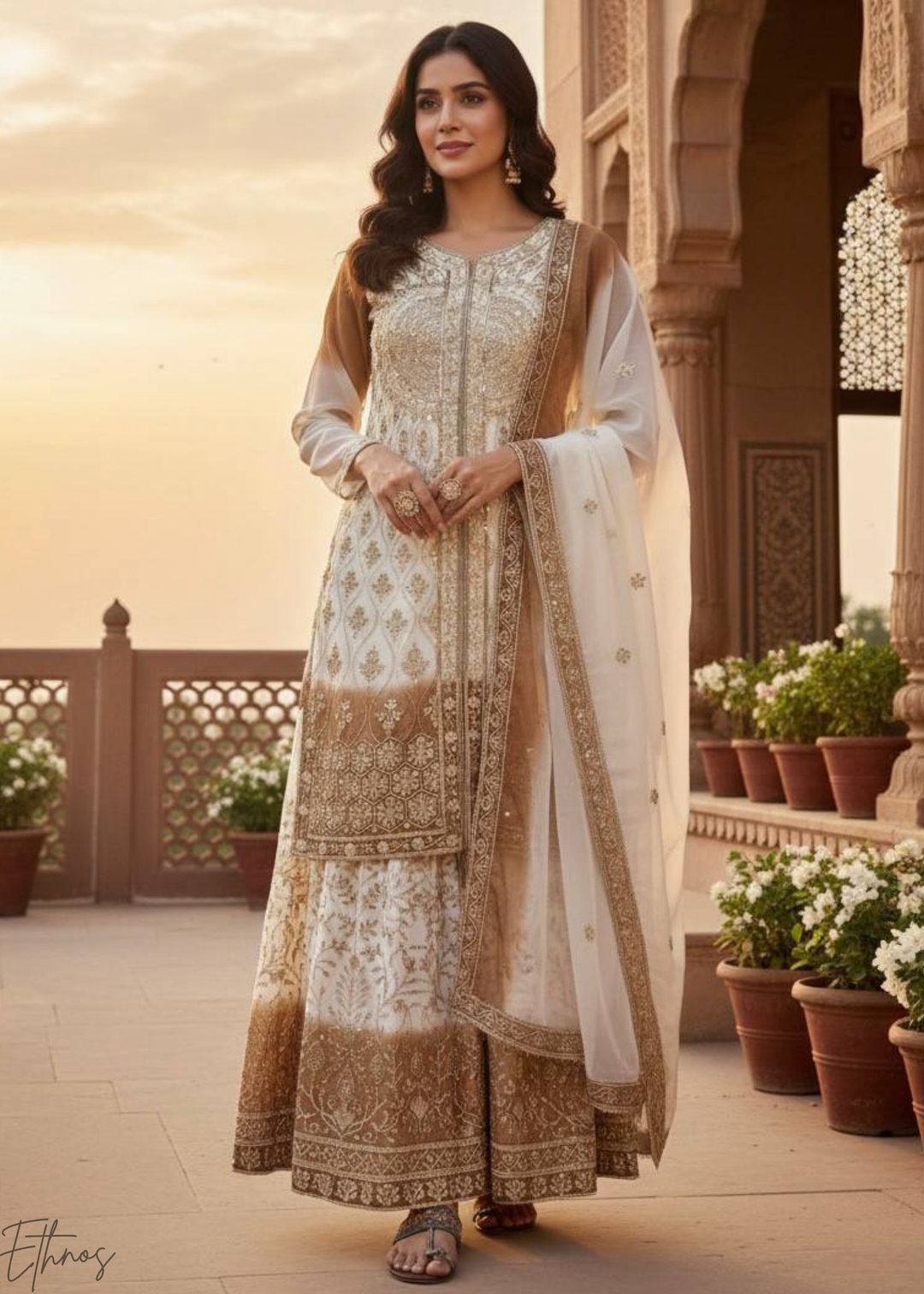Golden White Georgette Palazzo Suit