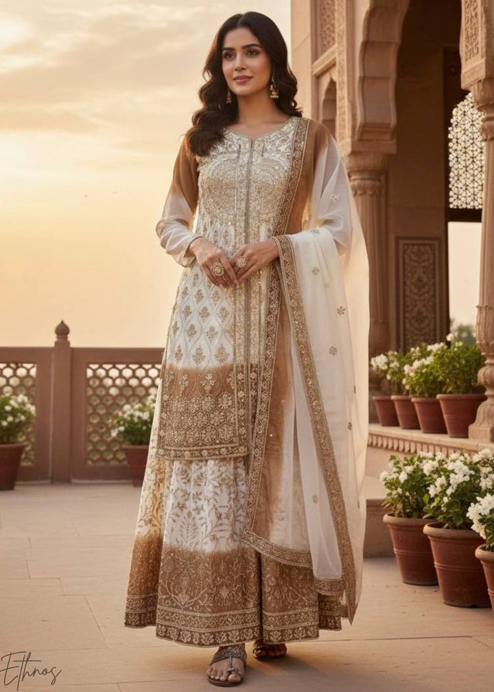 Golden White Georgette Palazzo Suit