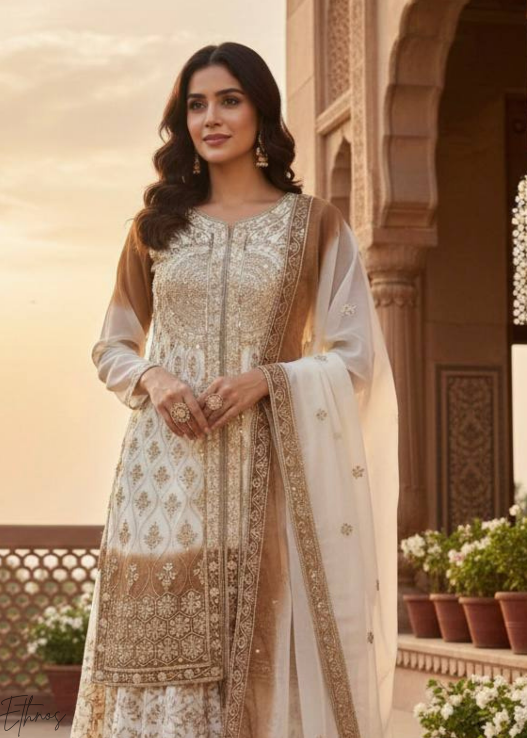 Golden White Georgette Palazzo Suit