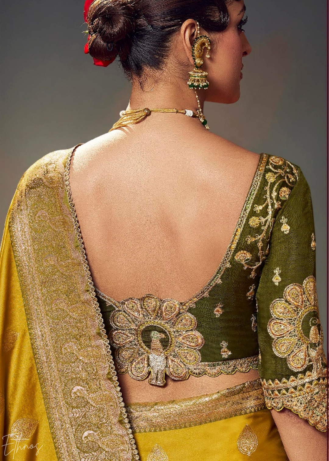 Golden Yellow Allover Floral Brocade Satin Silk Saree