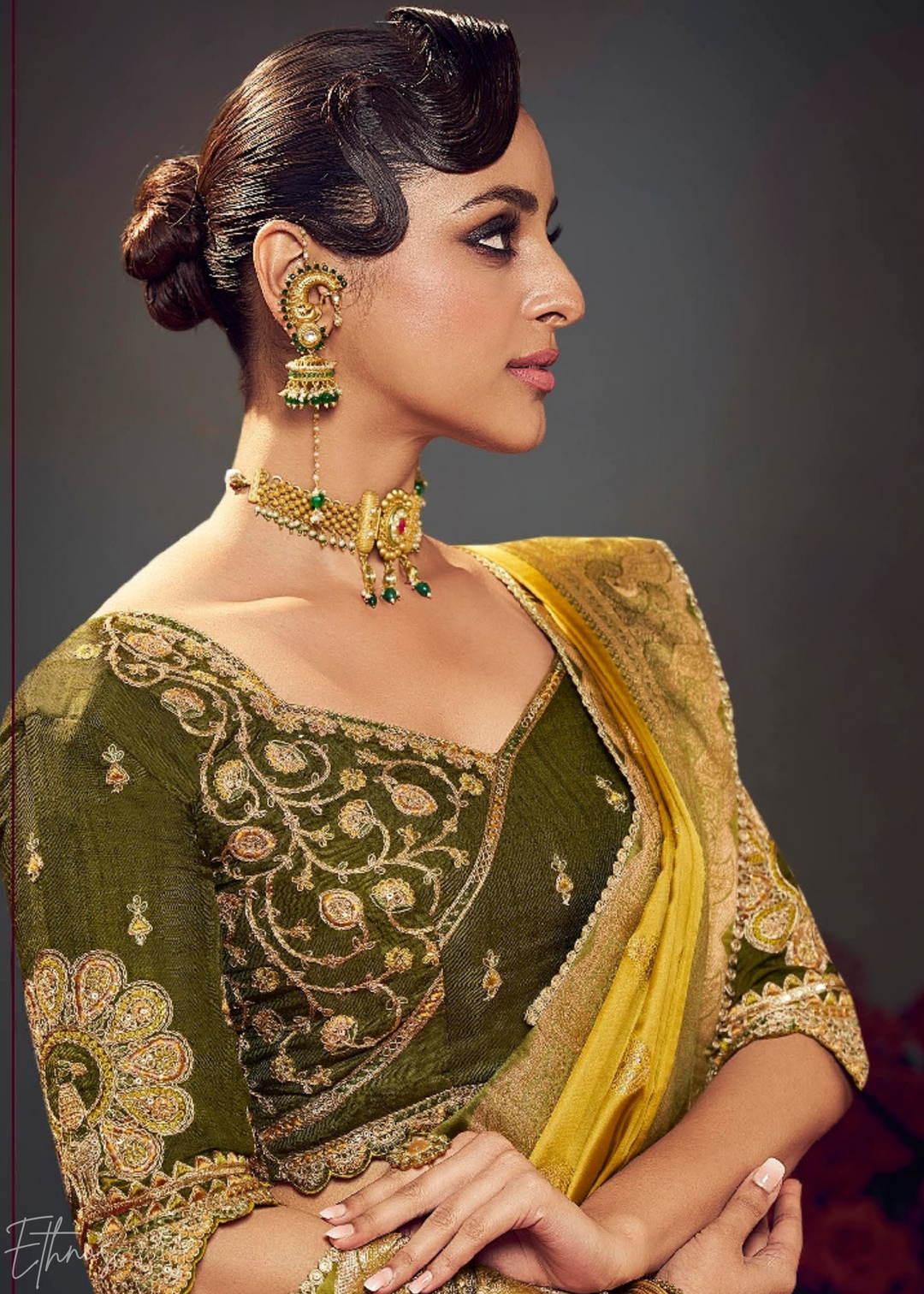 Golden Yellow Allover Floral Brocade Satin Silk Saree