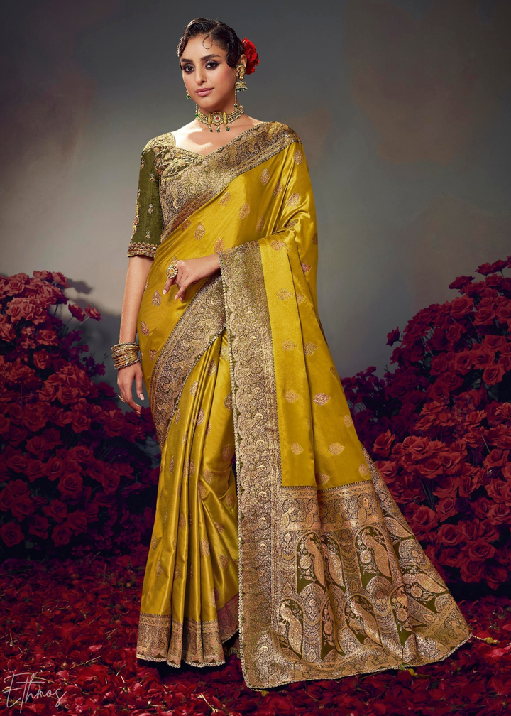 Golden Yellow Allover Floral Brocade Satin Silk Saree