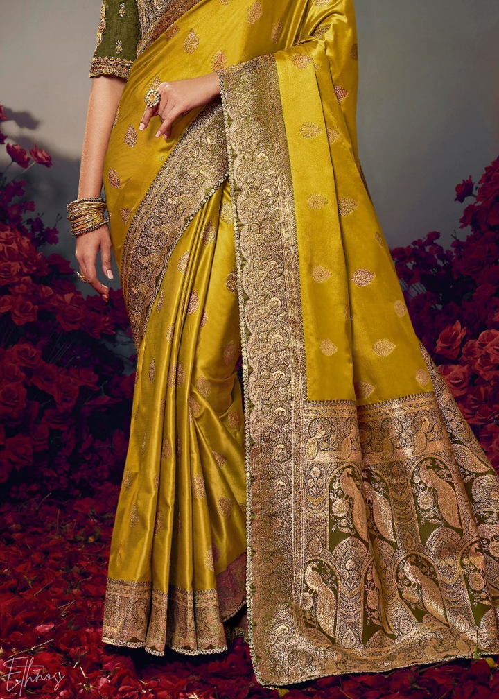 Golden Yellow Allover Floral Brocade Satin Silk Saree