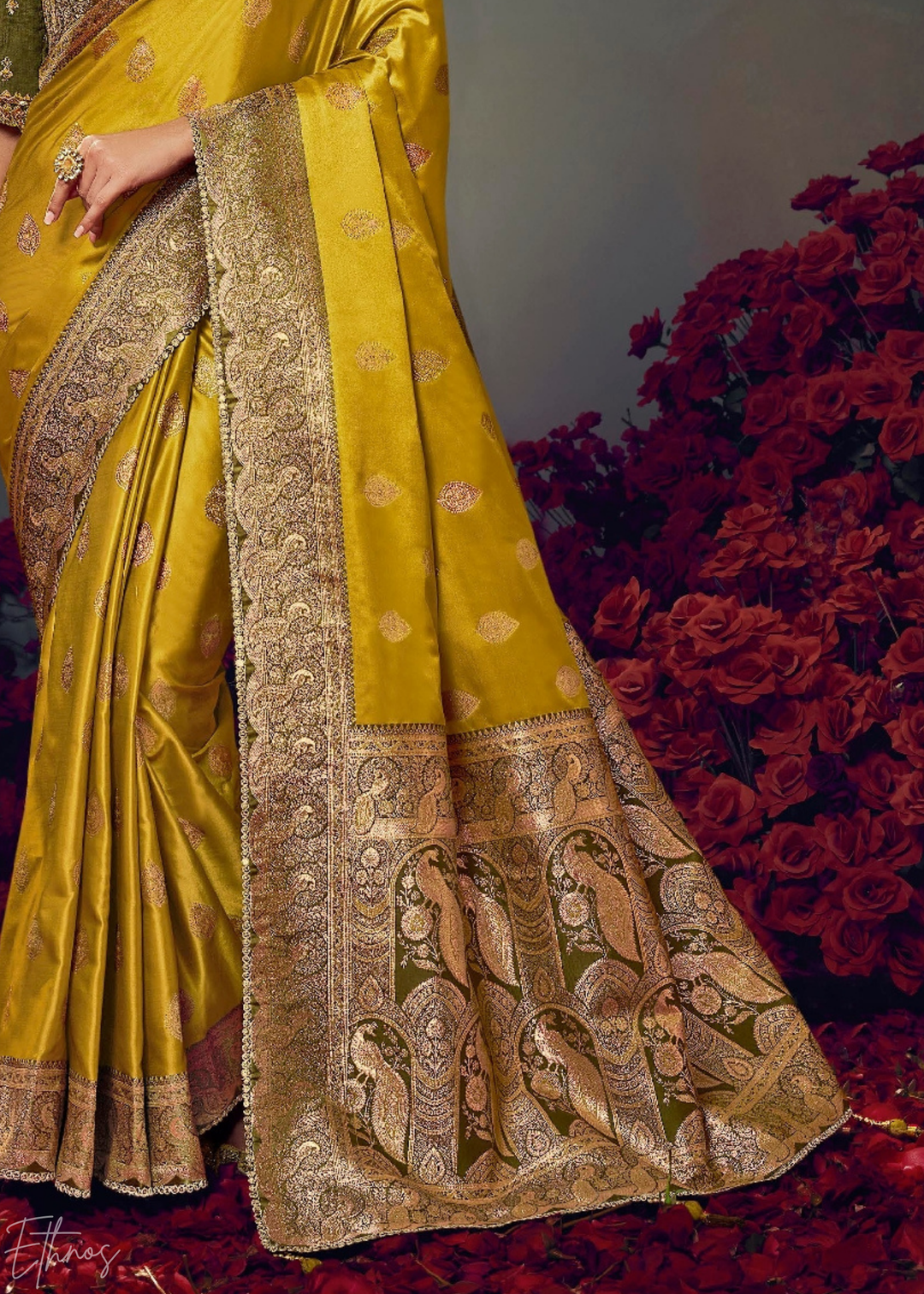 Golden Yellow Allover Floral Brocade Satin Silk Saree