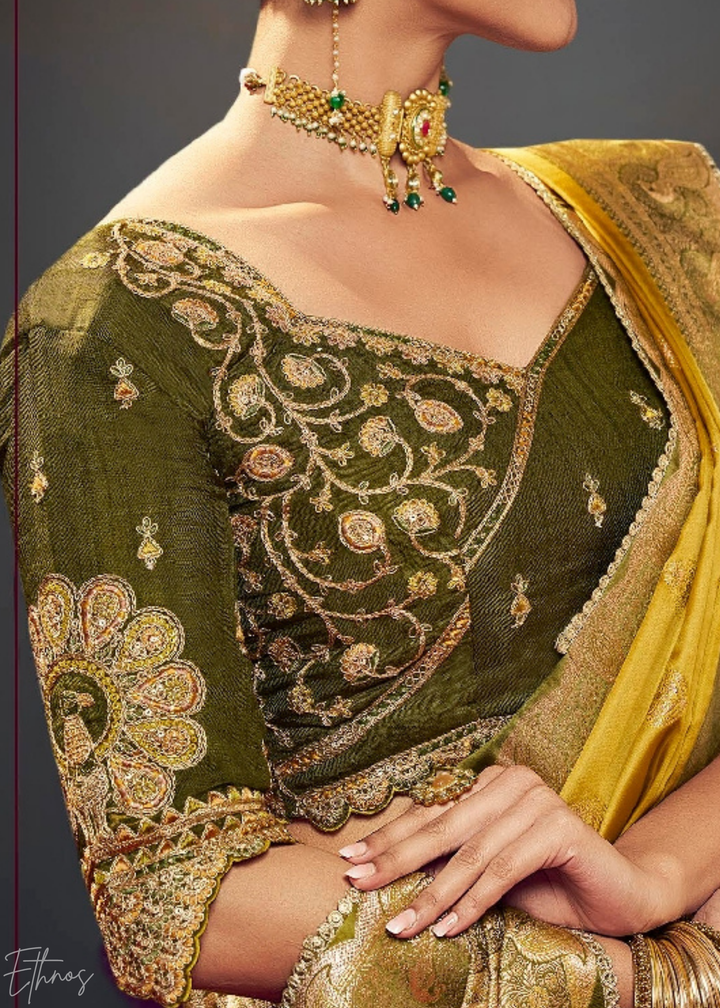 Golden Yellow Allover Floral Brocade Satin Silk Saree