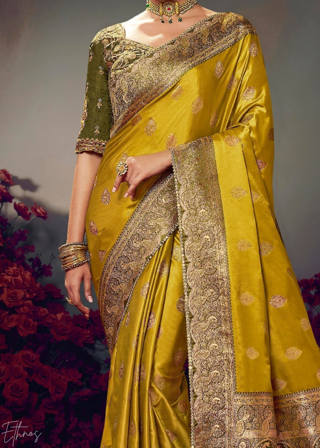 Golden Yellow Allover Floral Brocade Satin Silk Saree
