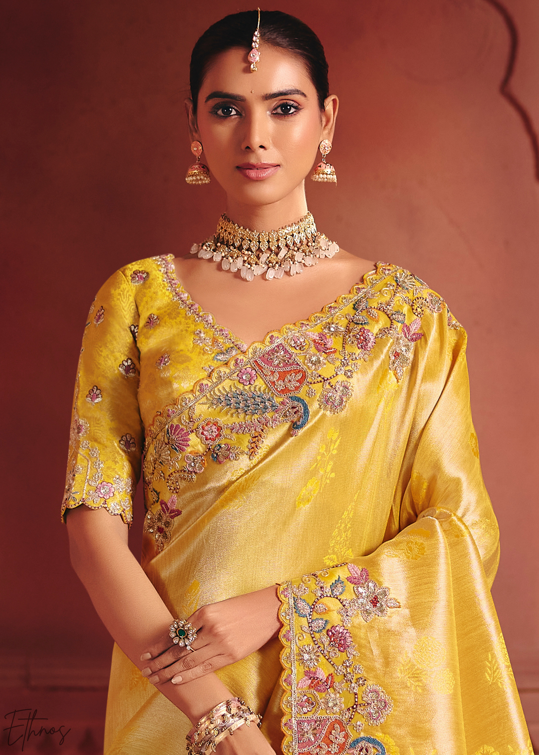 Golden Yellow Floral Resham Silk Saree