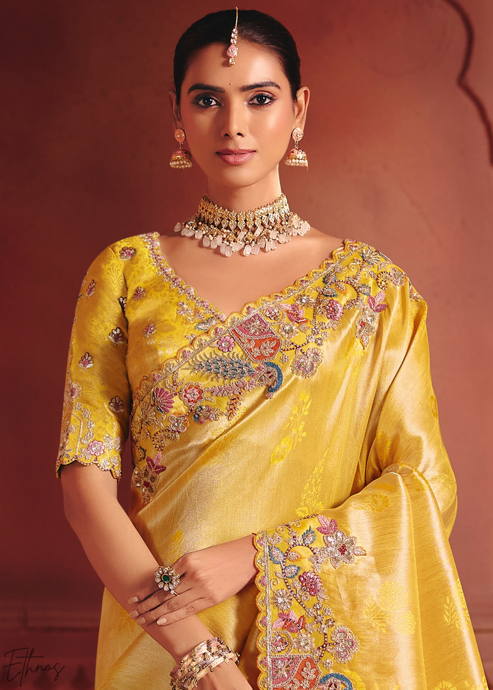 Golden Yellow Floral Resham Silk Saree