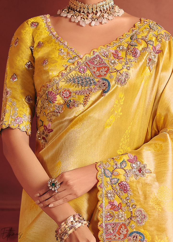 Golden Yellow Floral Resham Silk Saree