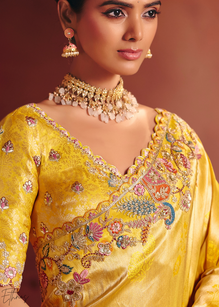 Golden Yellow Floral Resham Silk Saree