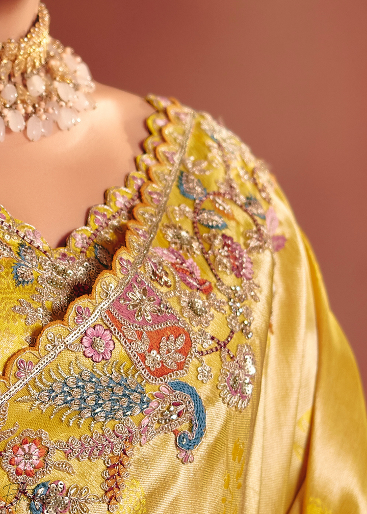 Golden Yellow Floral Resham Silk Saree