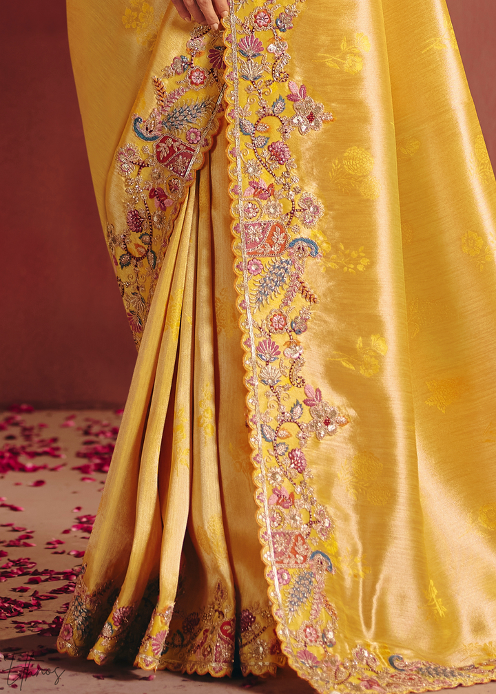 Golden Yellow Floral Resham Silk Saree