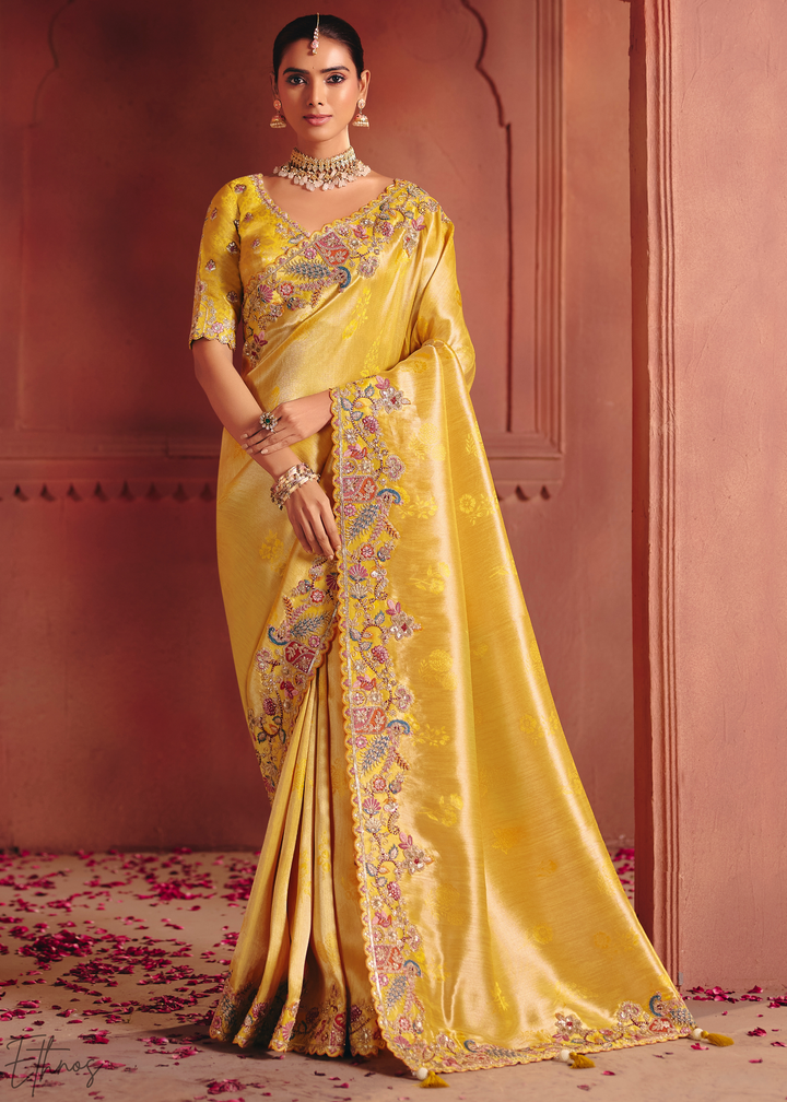 Golden Yellow Floral Resham Silk Saree