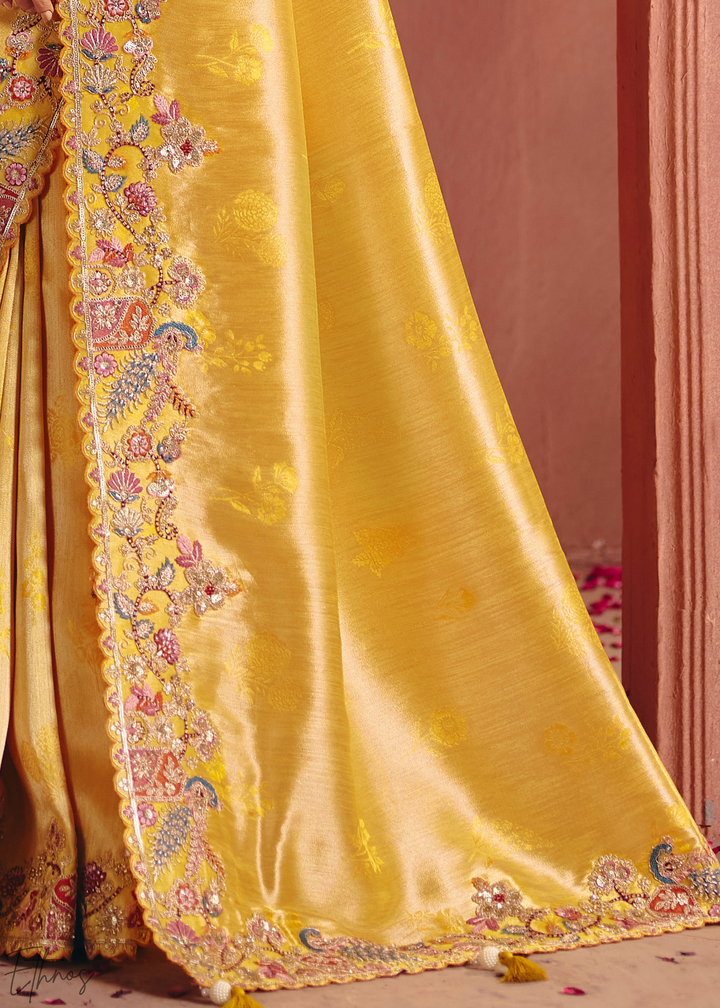 Golden Yellow Floral Resham Silk Saree