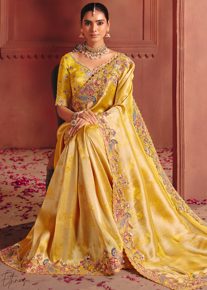 Golden Yellow Floral Resham Silk Saree