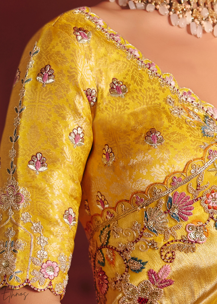 Golden Yellow Floral Resham Silk Saree