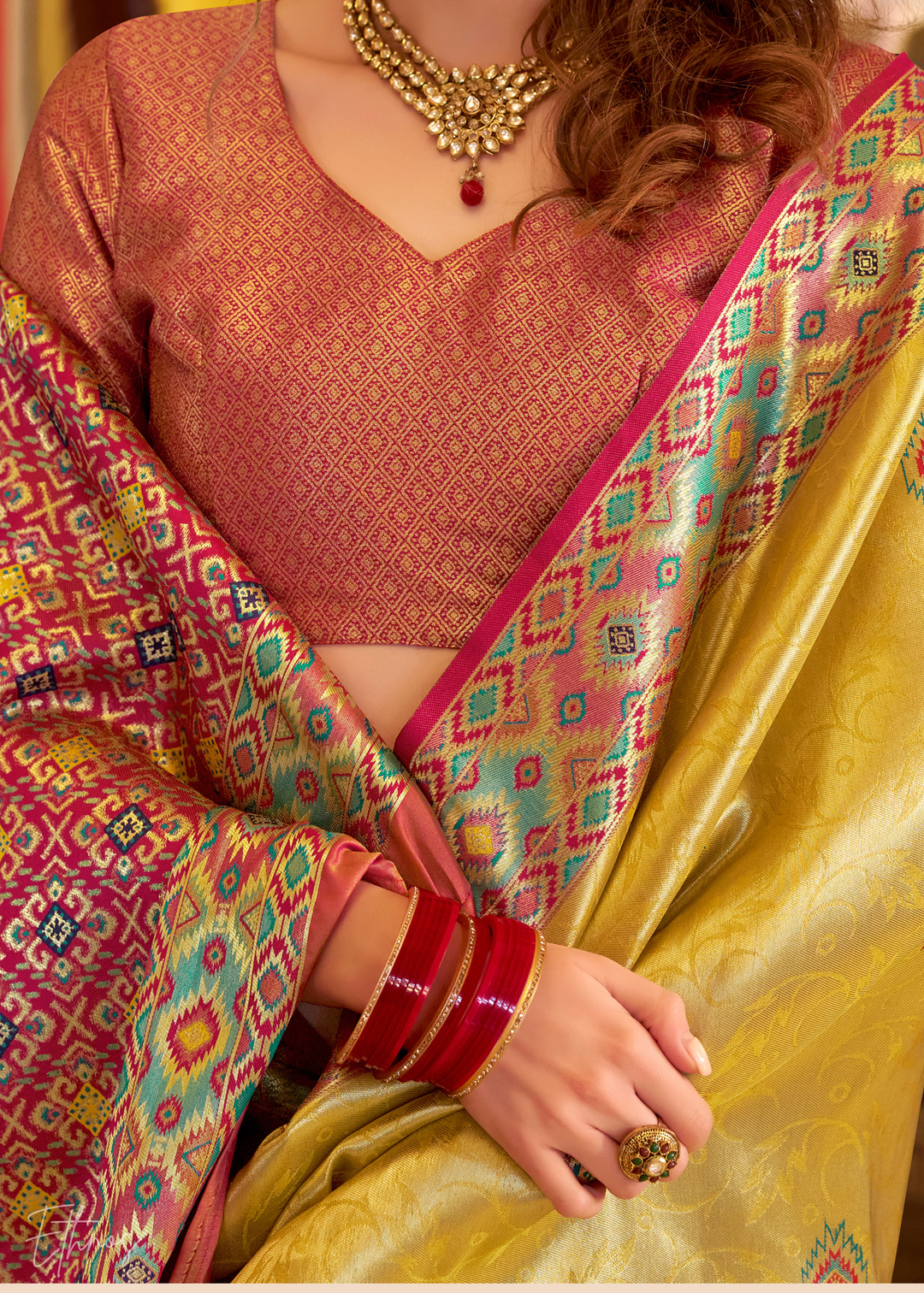 Golden Yellow Tissue Patola Silk Saree