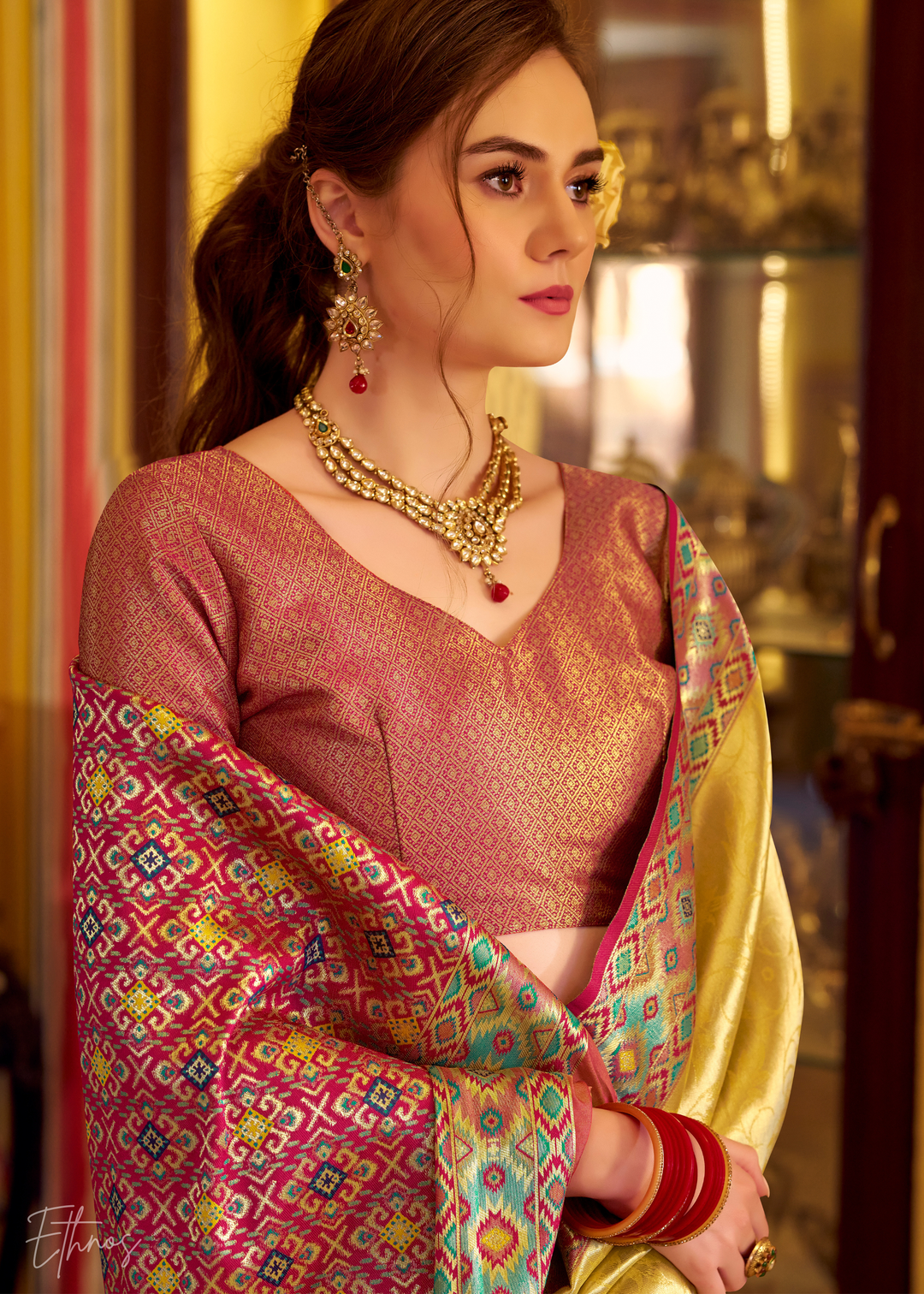 Golden Yellow Tissue Patola Silk Saree