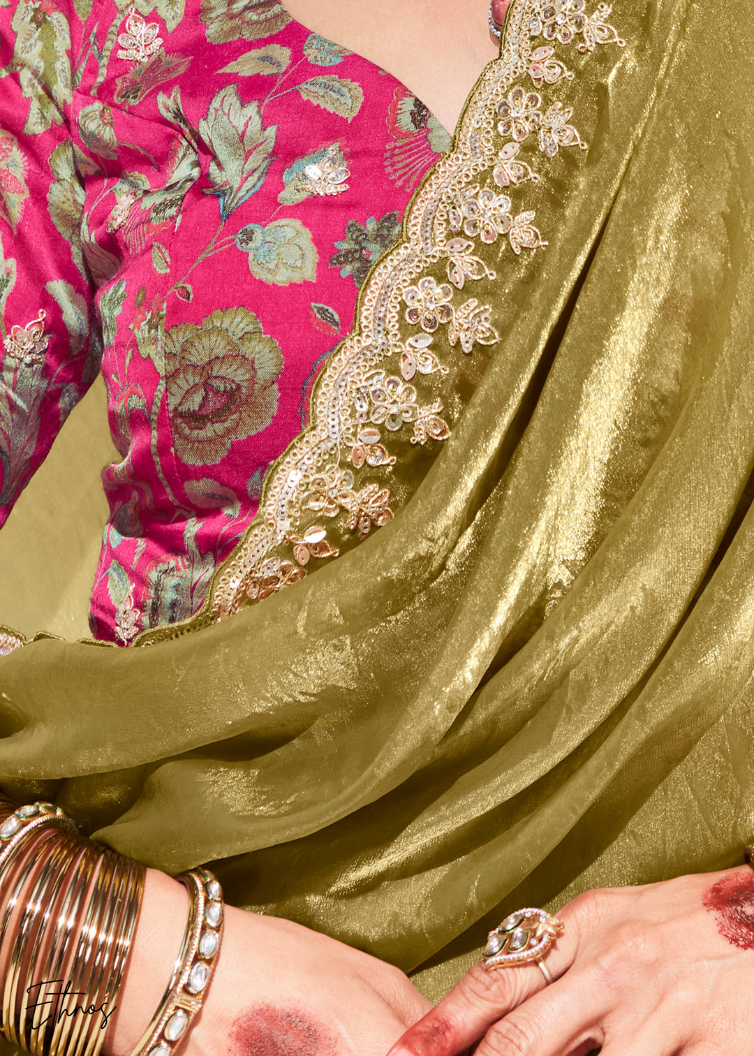 Golden Glass Tissue Organza Saree