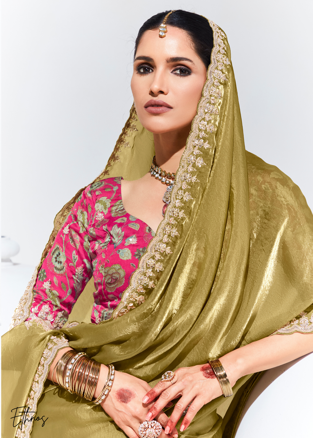Golden Glass Tissue Organza Saree
