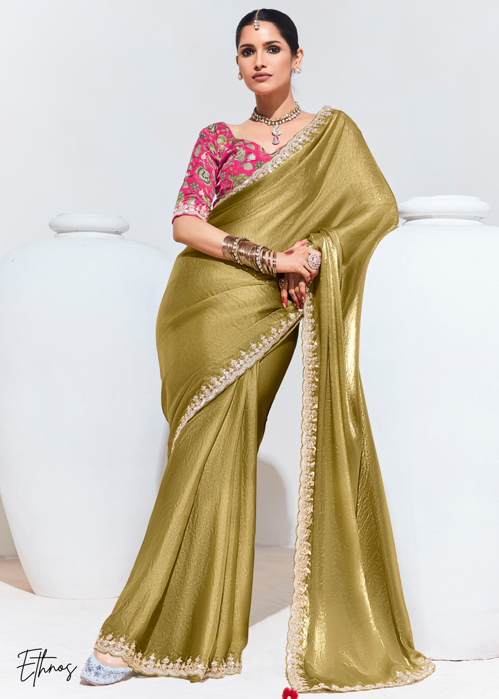 Golden Glass Tissue Organza Saree