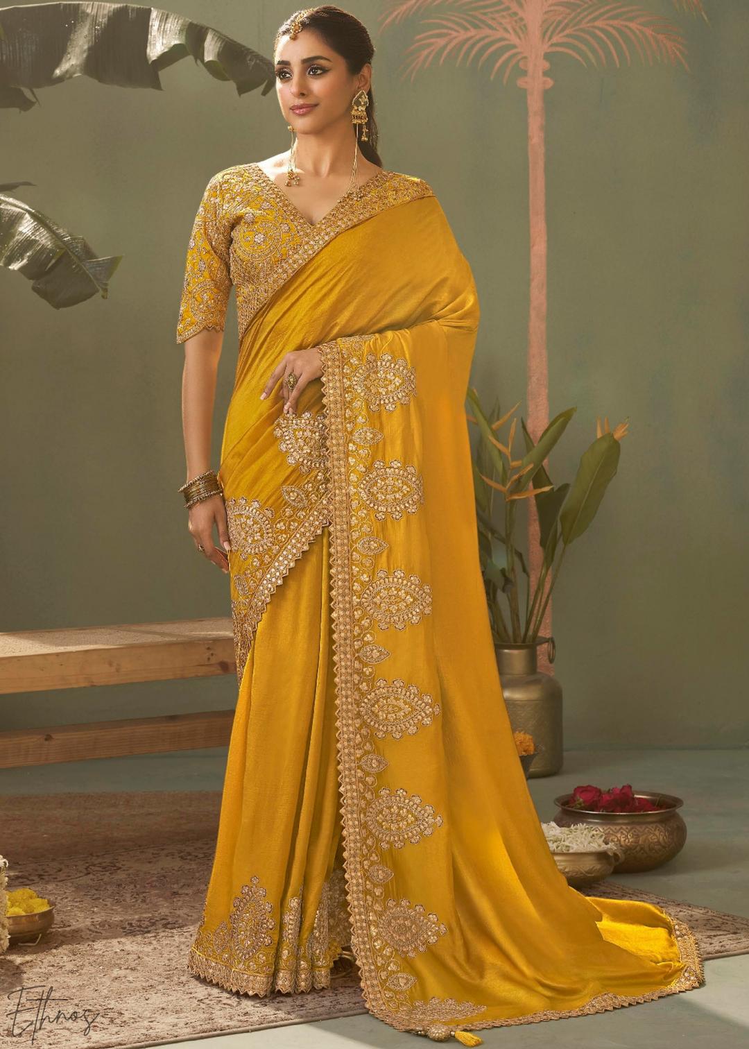 Golden Yellow Gota Patti Bamber Silk Saree
