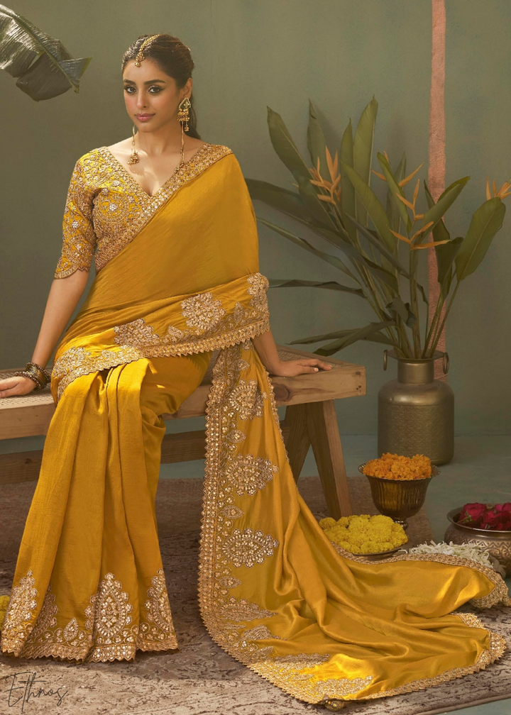 Golden Yellow Gota Patti Bamber Silk Saree