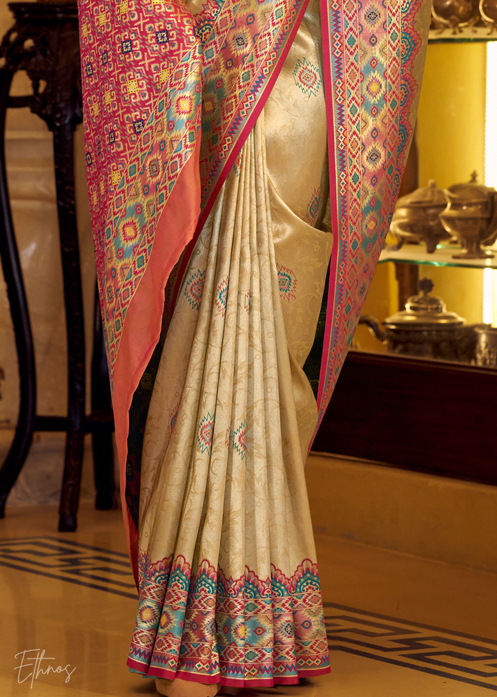 Golden Beige Tissue Patola Silk Saree
